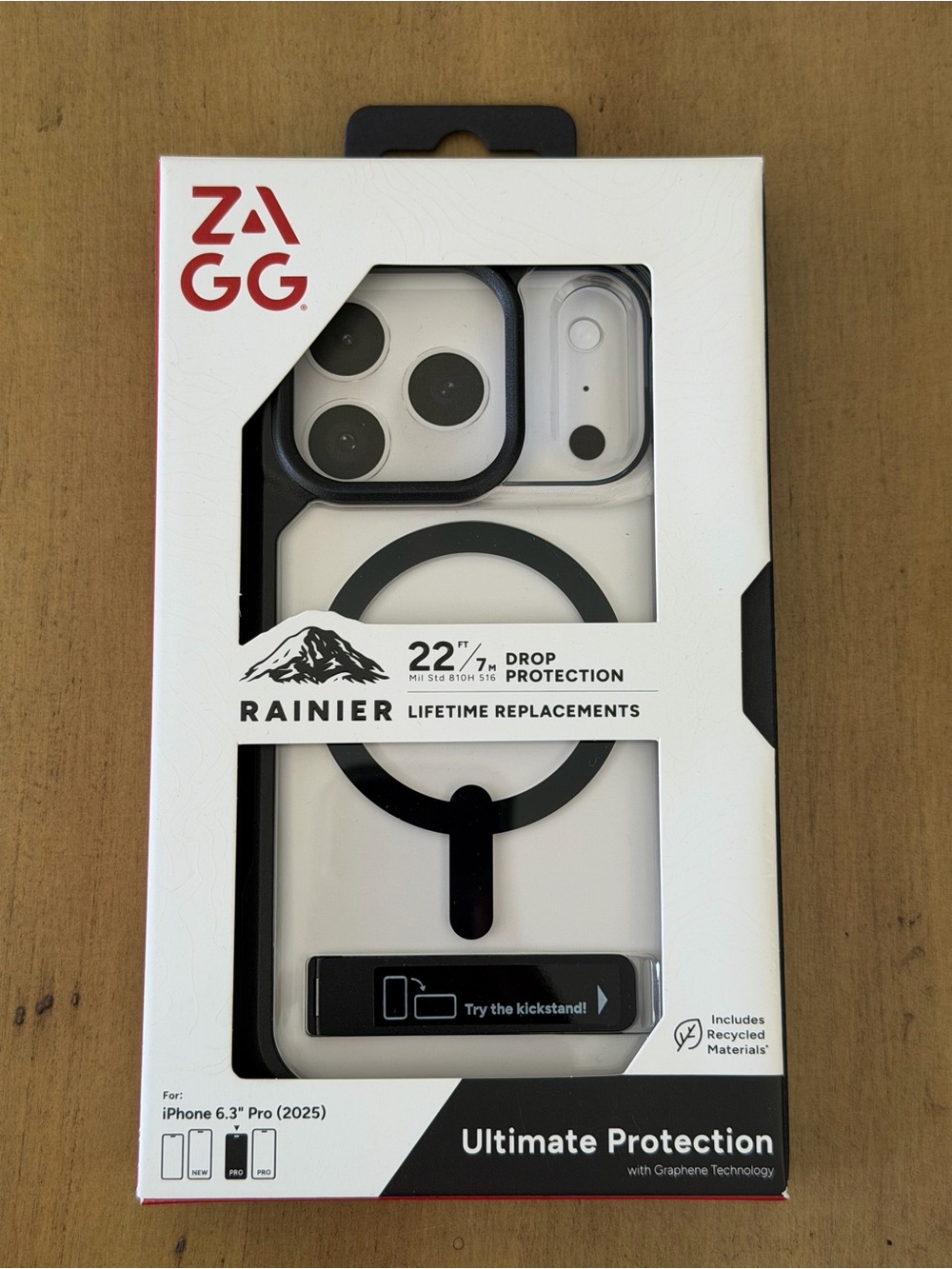 Iphone 17 Pro Zagg Rainier Clear/Black Protective Case. Built-in Kickstand